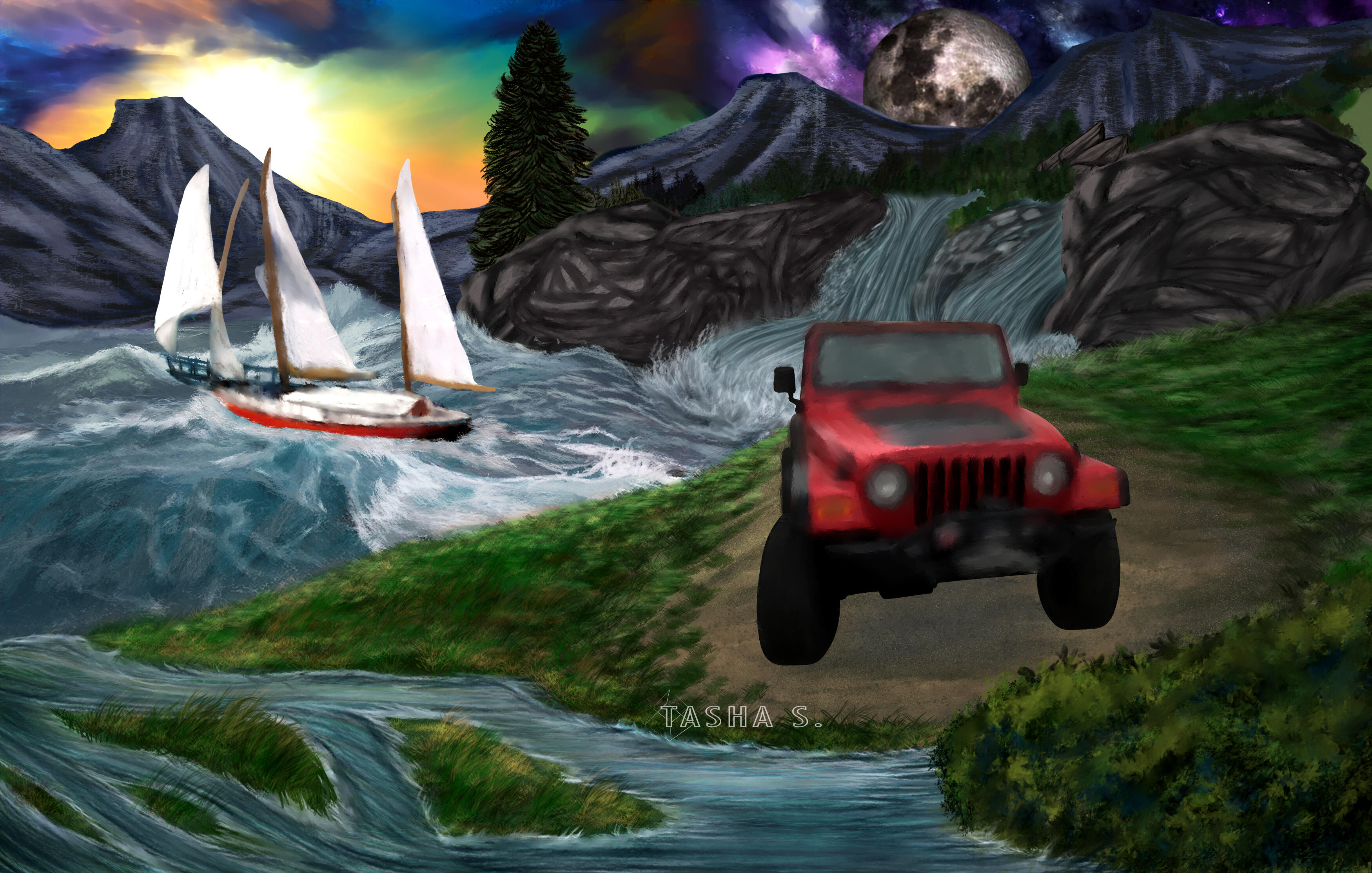 "Sun, Moon, Mount and Sea" - Decal for Eric Shropshire painted in Paint Tool Sai and Adobe Photoshop