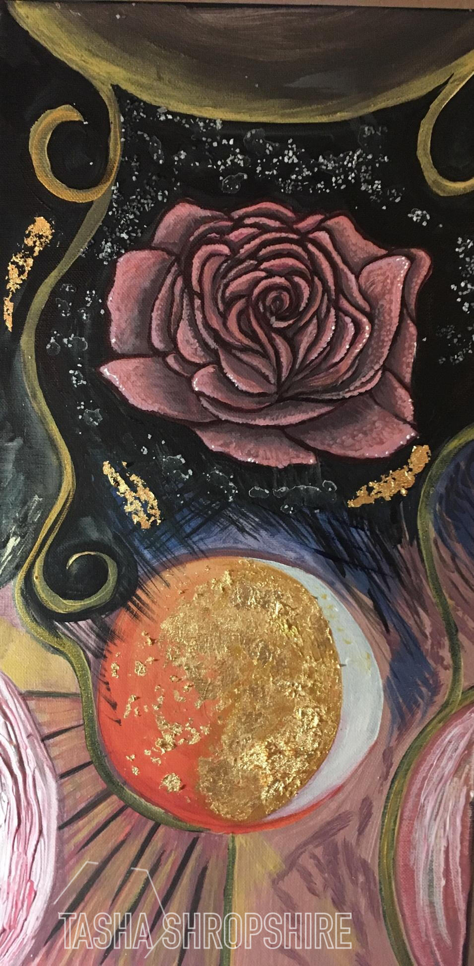 "Floral Abyss" - Acrylic paint, gold leaf, and sea salt on stretched canvas
